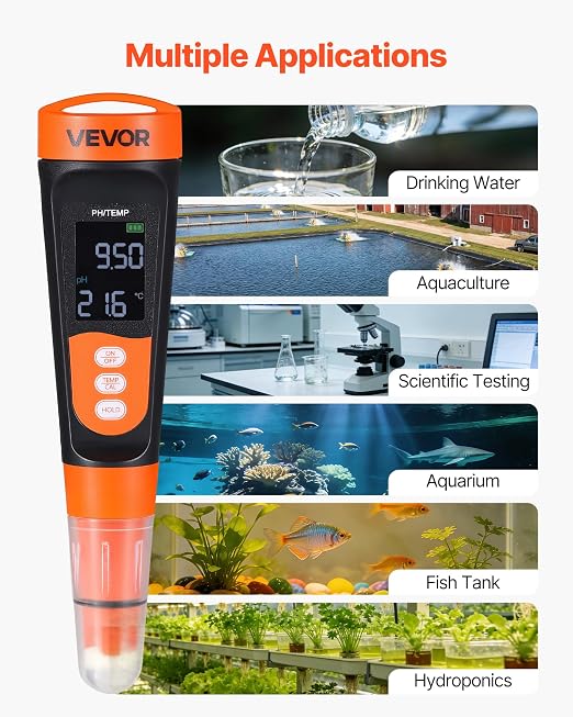 VEVOR pH Meter, 0-14 pH Range, IP68 Waterproof Probe, Pocket Tester Kit with Calibration Powder Packets, VA Display Screen, for Drinking Water, Hydroponics, and Aquarium Water Quality Testing