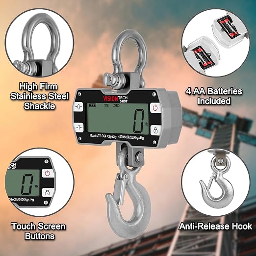 VisionTechShop Digital Crane Scale, VTS-CS4 4400lb/2000kg Heavy Duty Compact Hanging Industrial Scale with Remote Control, Large LCD Display, Backlight for Farm, Factory, Construction
