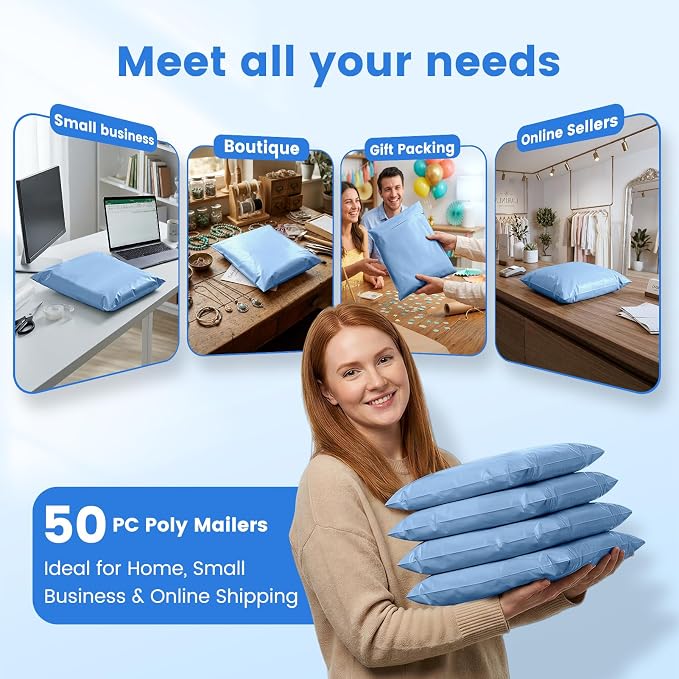 Metronic Poly Mailers 12x15.5 50PC Shipping Bags for Clothing Medium Size, Self-Seal Waterproof Poly Bags Shipping Envelopes, Durable Plastic Package Mailing Bags for Small Business, Light Blue