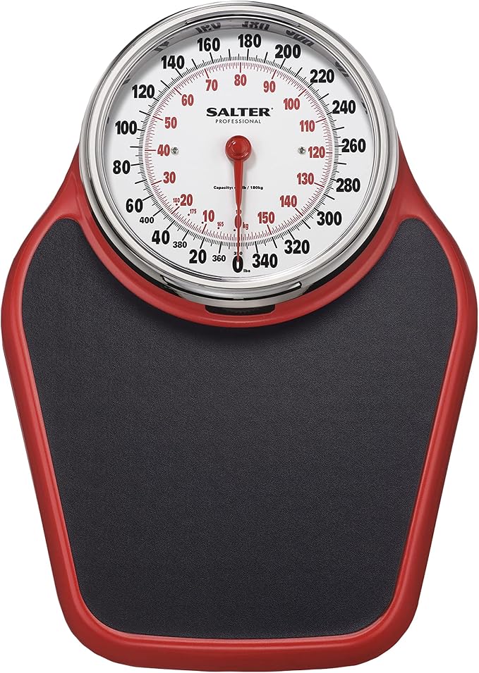 Salter Pro-Helix Professional Oversized Bathroom Scale with Black/Red Powder-Coated Steel Coated Base, Anti-Slip Bath Mat, 400 LB Capacity, Analog Scale, 18.25 x 13.0 Inch, Black/Red