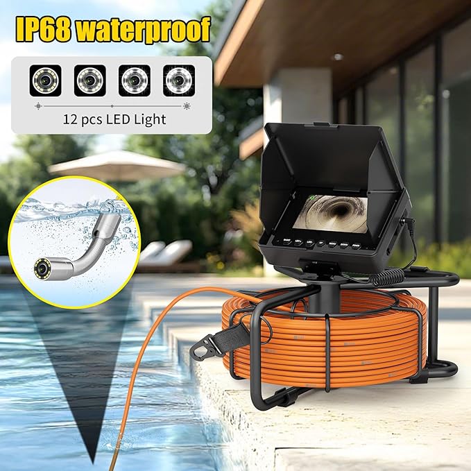 Sewer Camera 100FT/30M Borescopes Plumbing Snake Pipe Inspection Camera 22mm with 8500Mah Battery 4.3" IPS Screen 12 LEDs HD 1000TVL (22MM NO DVR Function)