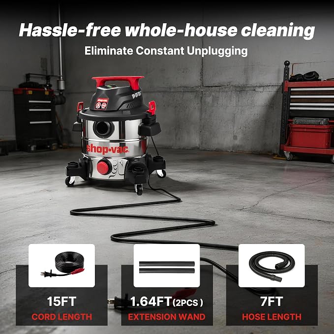 Shop-Vac 8 Gallon 4.5 Peak HP Wet/Dry Vacuum, Stainless Steel Tank, Portable with Drain Port, Blower Port, Hose and Accessories for Garage, Workshop, Jobsite, and Patio