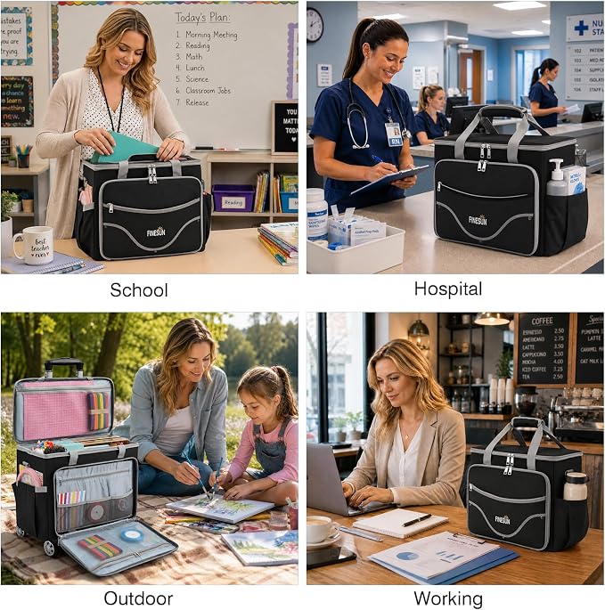 Rolling Teacher Tote Bag with Wheels, Heavy Duty Wheeled Craft Organizer Bag, Portable Art Scrapbook Storage Cart, Travel Office Carry Tote for Women Teachers Craft Supplies Storage Black