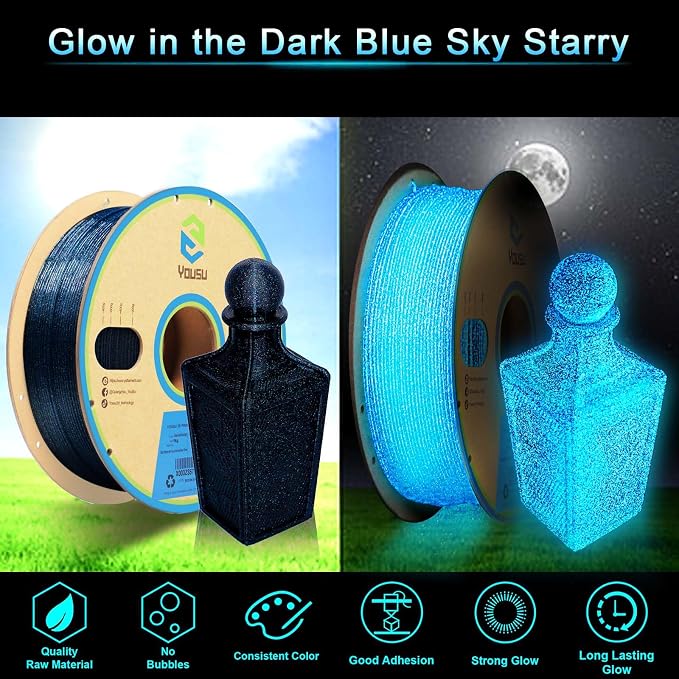 YOUSU 3D Printer Filament, Glow in The Dark PLA Filament 1.75mm, Black Filament with Glow in The Dark Blue Starry Sky 1kg(2.2lbs)