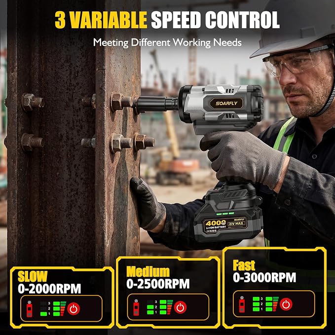 SOARFLY 1/2" Cordless Impact Wrench, 1500N.m (1106 Ft-Lbs) High Torque, 21V Brushless Impact Gun with 2x 4.0Ah Batteries, Variable Speed, LED Light, 5 Sockets for Truck RV Car Heavy Construction