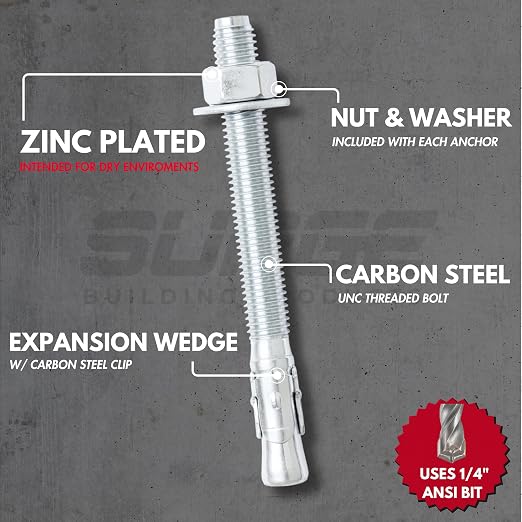 1/4" x 2-1/4" Zinc-Plated Wedge Anchors for Concrete and Cement | Heavy-Duty 1/4 Concrete Anchors (Box of 100)