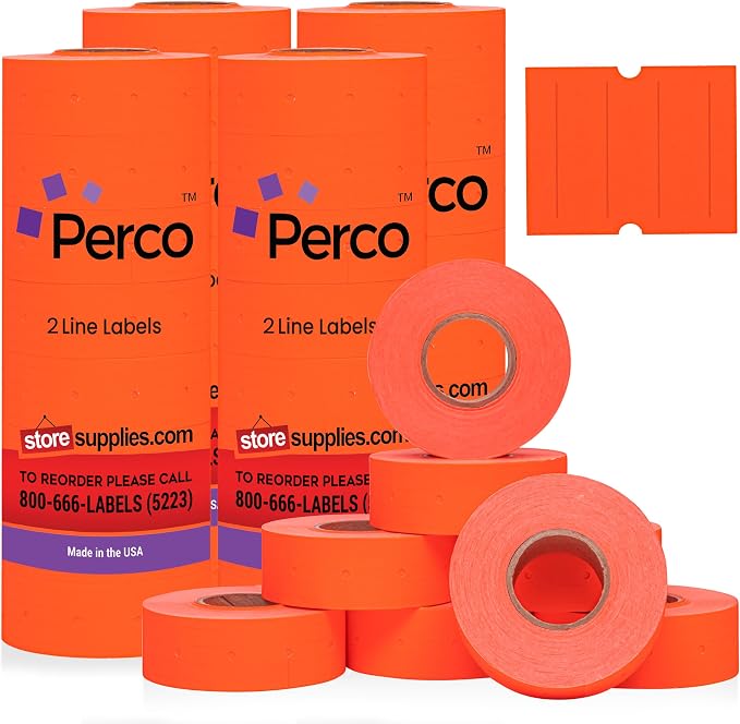 Perco 2 Line Fluorescent Red Labels - 32 Rolls, 4 Sleeves, 24,000 Blank Price and Date Gun Labels for Perco 2 Line Price and Date Guns - Made in USA