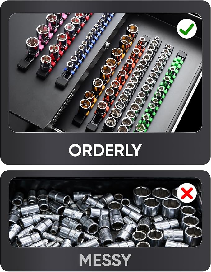 ALOANES 12PC Socket Organizer, Socket Rails Fit 1/2", 1/4" and 3/8" Drive | Heavy Duty ABS Socket Holders Hold up 172 Sockets for Mechanics Toolbox Drawer Bags(Blue)