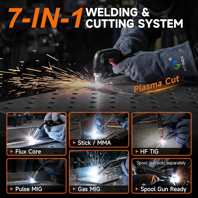 HITBOX Multifunctional Welder Plasma Cutter Combo, 200A 220V Aluminum Pulse MIG/Gas/Flux Core MIG/HF TIG/ 40A Plasma Cutter/Stick/Spot with 2T/4T, Synergy, Large Digital Display