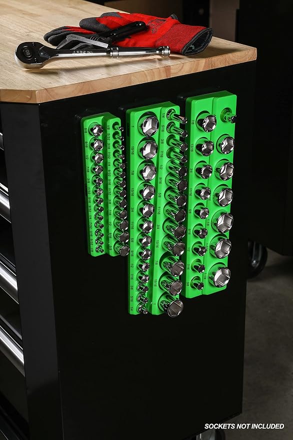 ARES 60037-3-Piece SAE Magnetic Socket Organizers Set - GREEN - Includes 1/4 in, 3/8 in, 1/2 in Socket Holders - Holds 68 Standard (Shallow) and Deep Sockets - Also Available in RED