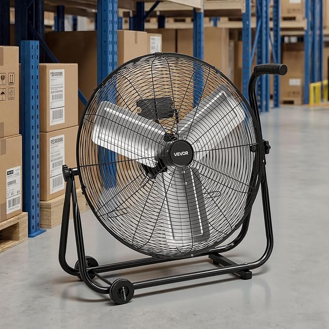 VEVOR Industrial Shop Fan, 24 Inch Floor Drum Fan, High Velocity 7500 CFM, Heavy Duty Aluminum Blades, 3 Speeds, 360 Degree Tilt, Ideal for Commercial, Garage, Warehouse, Basement, Workshop, Black