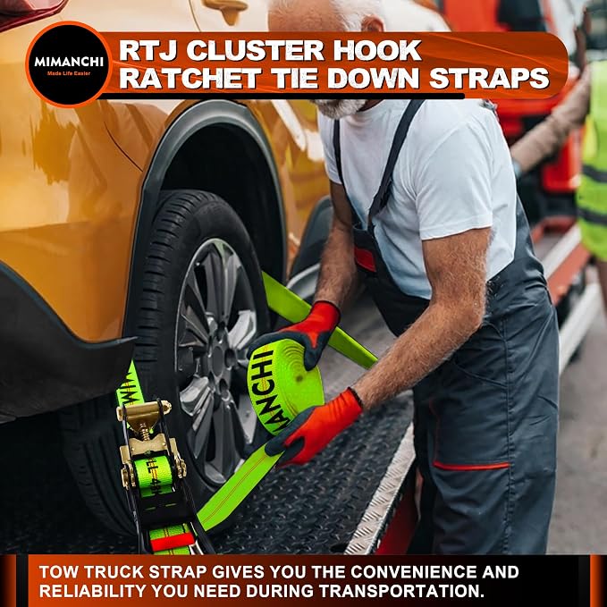 2" x 12' RTJ Cluster Hook Ratchet Straps with 8 Point Chain, 4 Pack - Heavy Duty Tow Strap for Trucks, Trailers, and Car Haulers - Wheel Tie Down Straps for Tow Trucks & Auto Transport