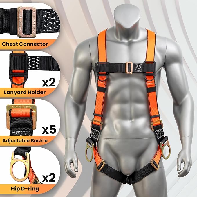 Fall Protection Safety Belt With Shock Absorbing Lanyard, Full Body Construction Protection Fall Arrest ANSI Compliant