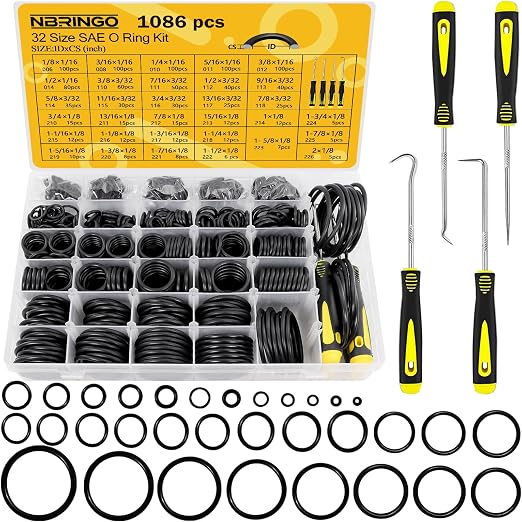 1086 PCS O-Rings Assortment Kit with 4 Pick & Hook Tools - 32 Sizes SAE Buna-N O Ring Set Compliant with AS568 Standards, Ensure Leak-Proof Seals for Hydraulic, Plumbing & Automotive Repairs
