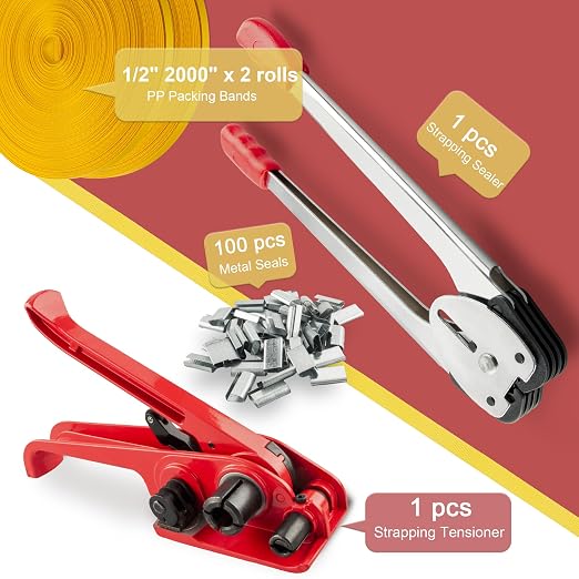 Heavy Duty Packaging Banding Strapping Kit, 4 in 1 Pallet Strapping Kit with Poly Strapping Tensioner, Banding Sealer Tool, 4000" Length Strapping Roll & 100 Metal Seals for Packing