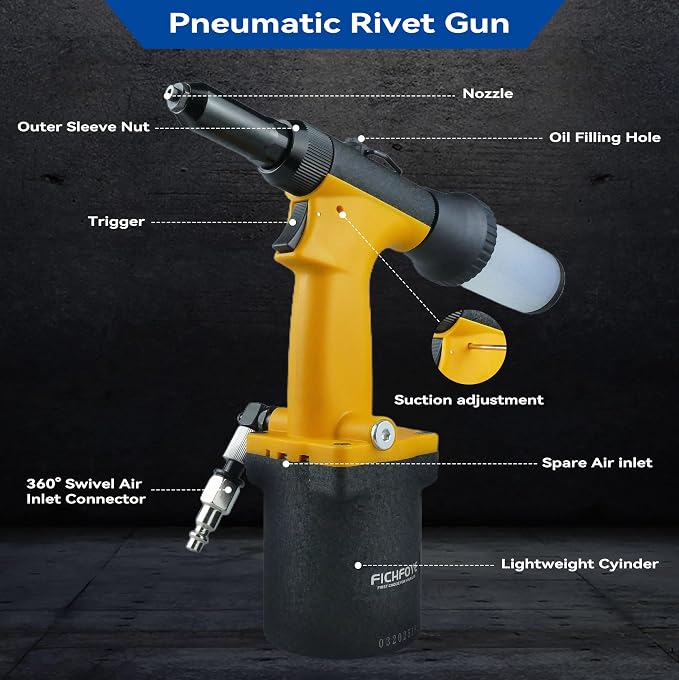 Pneumatic Rivet Gun Kit, Air Riveter Tool with 4 Nozzles (3/32"-3/16"), Switch-Type Interface, Self-Suction Design for Auto Repair & Metal Work