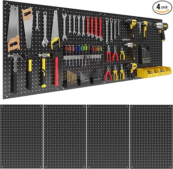 4 Pcs 24”×16”Metal Pegboard Panels, Heavy Duty Peg Boards with Hooks, Steel Organization Panels for Garden Tool Storage, Walls Home, Office, Black