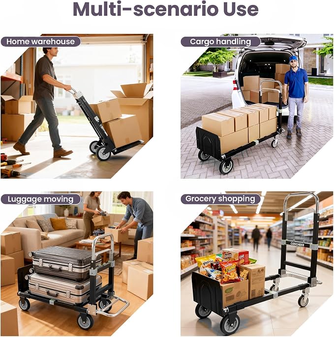 3-in-1 Convertible Heavy Duty Folding Hand Truck Dolly, 600LB Capacity with Rubber& Wheels Telescoping Handles, Portable Collapsible Cart for Warehouse, Supermarket, Office (Black)