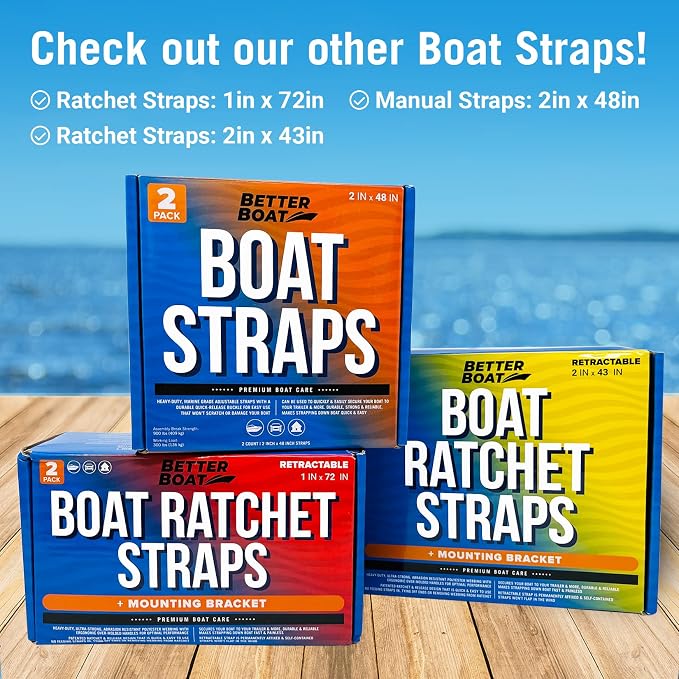 Stainless Steel Retractable Ratchet Straps, Heavy Duty Set, 1 Inch x 72 Inch, 2 Transom Tie-Downs with Mounting Brackets and Bolts, Auto Self-Retracting Buckle for Boat Trailer and Cargo