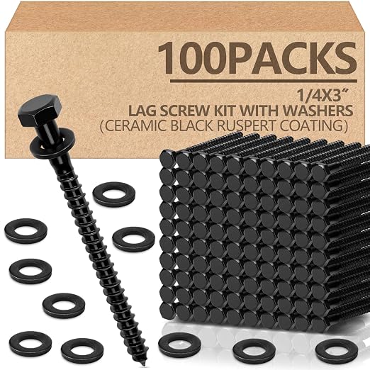 Tandefio 100 Pack 1/4''x 3' Hex Head Lag Bolts for Wood Ceramic Black Lag Screw Kit with Washers Heavy Duty Hot Dip Galvanized Coating Double Layer for Decks Fences
