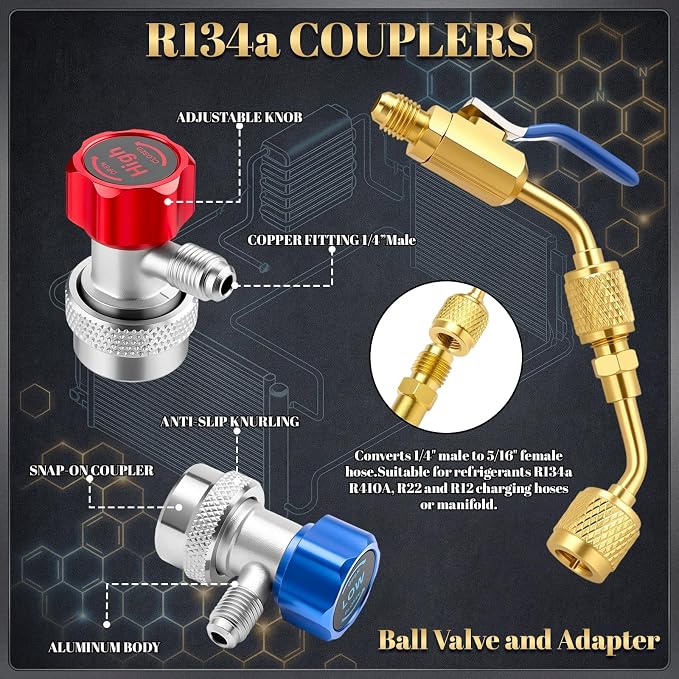Tellegloww HVAC A2L Analog Manifold Gauge Set for R22 R32 410A 134A R454B Refrigerant with Hose Kit, 4 Refrigerant Angled Compact Ball Valve and 2 R410A Adapter 2 R454B Adapter