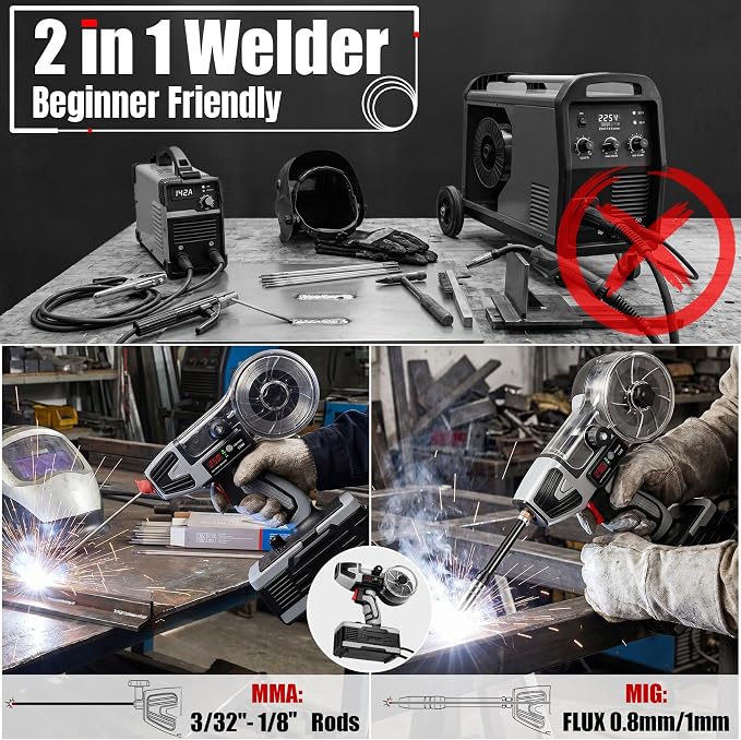 2 in 1 Handheld MIG and Stick Welder:250A Portable Welding Machine 110V Gasless Flux Core Wire Feed w/IGBT Inverter & MMA ARC Welder Gun w/LCD Display, 3.97 lbs for .032"/.040" Wire and 3/32"-1/8" Rod