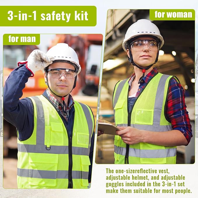 Mumufy 18 Pcs Construction Safety Kit Includes Cap Style Hard Hat White, High Visibility Vest, Clear Safety Glasses Adjustable Professional Ppe Bulk Set for 6 People, Industrial Work Gear Bundle