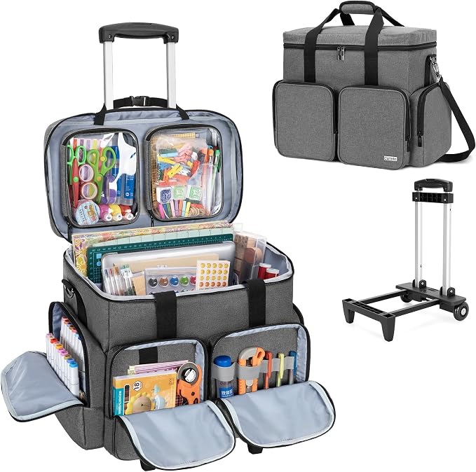 CURMIO Rolling Scrapbook Bag, Craft Tote with Wheels for Paper, Ablum, Gray | Crafts Supplies Tote with Wheels, with 2 detachable zipper pouches, Removable Bottom Board, Shoulder Straps, Large Capacity