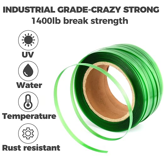 Heavy Duty Packaging Strapping Banding Roll - Green Polyester PET Industrial-Grade, 1000' x 5/8" x 0.035" Pallet Strap Coil - 1400 lbs Break Strength, Rust-Resistant with Self Dispensing Box Kit