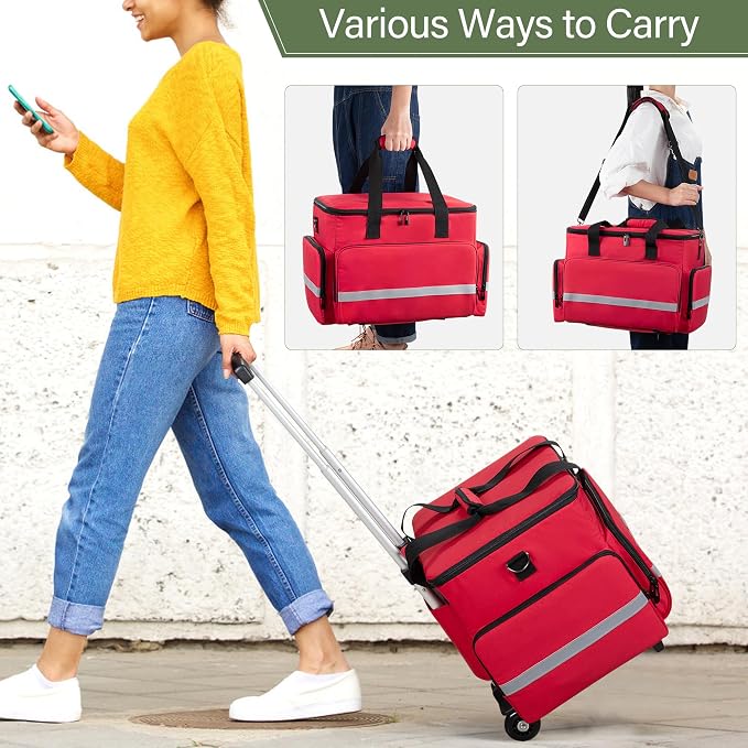 CURMIO Rolling Teacher Tote Bag with Wheels, Teaching Work Bag with Padded Sleeve for up to 14” Laptop for Teaching, Office, Red(Bag Only)