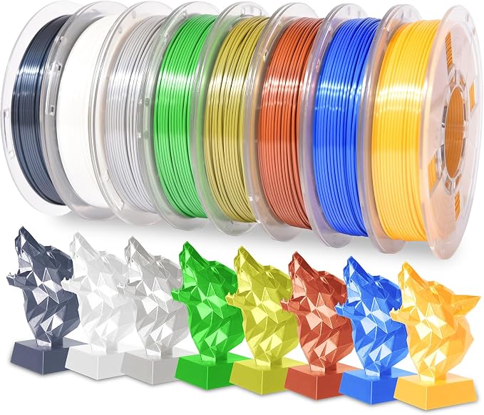 RAMBERY 250gx8 Silk PLA Filament Bundle 1.75mm 3D Printer Filaments, 8 Colors 250g Spool, Black/White/Silver/Green Bronze/Gemstone Blue/Christmas Green/Red Bronze/Yellow