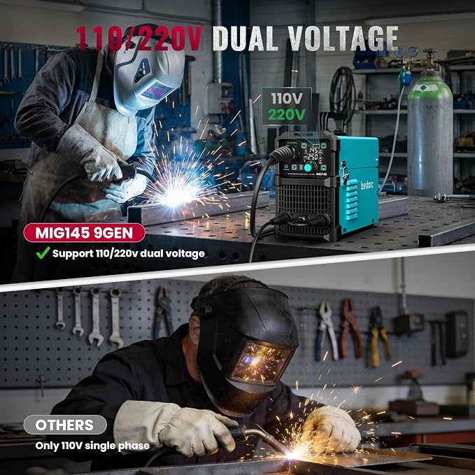 Bestarc 145A MIG Welder 110V 220V, 4 in 1 Gasless Flux Core MIG/Lift TIG/Stick Welder, Synergic IGBT Inverter Welding Machine with Large LED Display, Dual Voltage for Beginners DIY