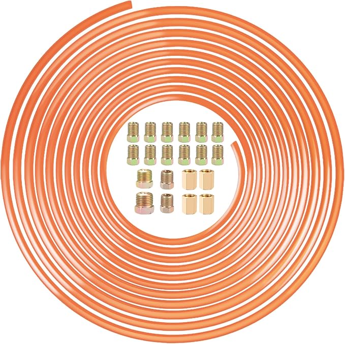 1/4" Brake Line - Easy to Bend Tubing - 25 ft 1/4" Copper Coated Brake Line + 16 x Brake Line Fittings and 4 x Threads Unions
