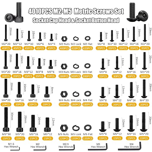 ZTF 4005pcs Screw Assortment Kit M2 M3 M4 M5 Hex Socket Cap & Button Head Screws, Metric Nuts and Bolts Assortment Kit with Washers & Wrench – Assorted Nuts and Bolts for DIY, Electronics, 3D Printers