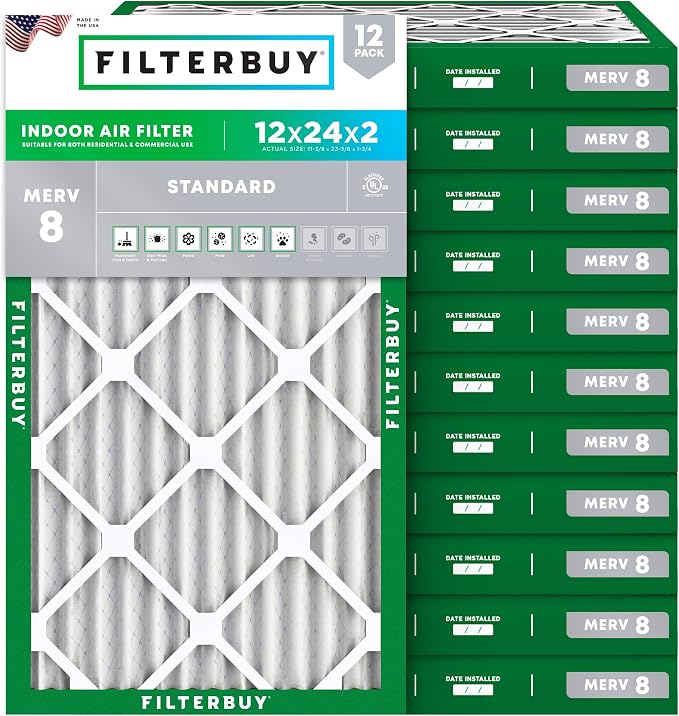Filterbuy 12x24x2 Air Filter MERV 8 Essential Dust & Allergy Defense (12-Pack), Electrostatic Pleated HVAC AC Furnace Filters Replacement, Made in USA (Actual Size: 11.38 x 23.38 x 1.75)