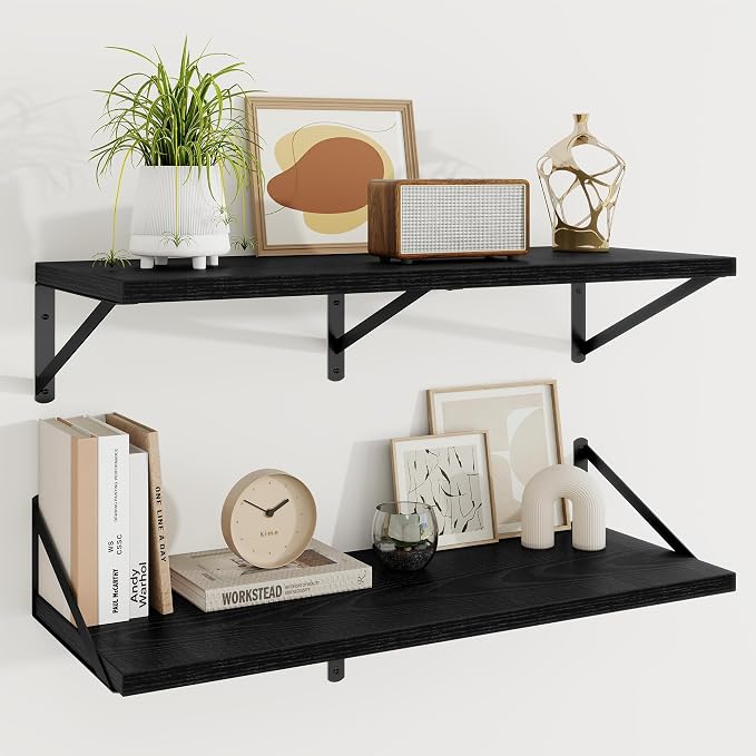 Floating Shelves 12 Inch Deep, 36W x 12D Wall Shelf Set of 2, 60 lbs Heavy Duty Reversible Metal Brackets, Deep Industrial Book Shelf for Living Room Kitchen Bath Bedroom Coffee Bar, Black