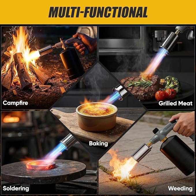 Propane Torch Gun with Adjustable Flame, Blow Torch Gun for BBQ, Campfire Starter, Welding, Searing Steak (Propane Tank Not Included)