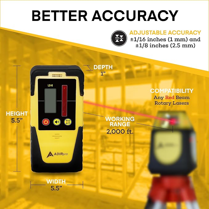 AdirPro Universal Rotary Laser Detector (LD-8) - Digital Rotary Laser Receiver with Dual Display and Built-In Bubble Level, Compatible with Most Red Rotary Lasers - Rod Clamp Included