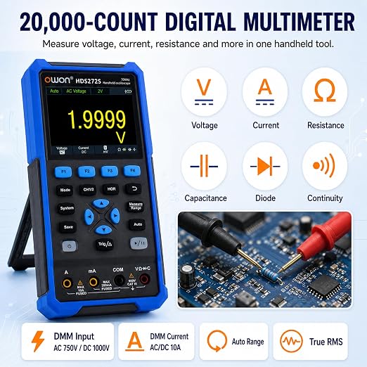 HDS272S Oscilloscope, Handheld Oscilloscope Multiumeter 70MHz Bandwidth 3 in 1 Portable Waveform Generator with 3.5" LCD for Automobile Maintenance, Electronic Measurement