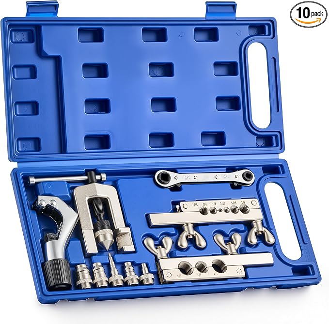 Orion Motor Tech Single Flaring Tool & Swaging Tool Kit for HVAC Tubing, 45 Degree 1/8" - 3/4" Flare Tool Kit with Swaging Adapters, Tube Cutter & Ratchet Wrench, Single Flare Tool for Soft Metals