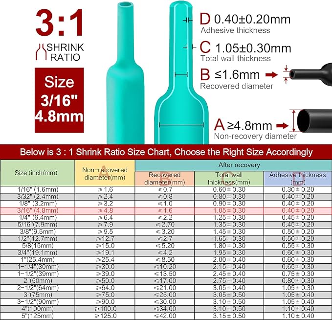 Chanzon 3:1 Ratio 3/16" (4.8mm) Heat Shrink Tubing - Marine Grade Waterproof Adhesive Lined - 8Ft Roll (2.5M Total Length) Green Polyolefin Sleeving Wrap Shrinking 3 to 1 Ratio 1pcs