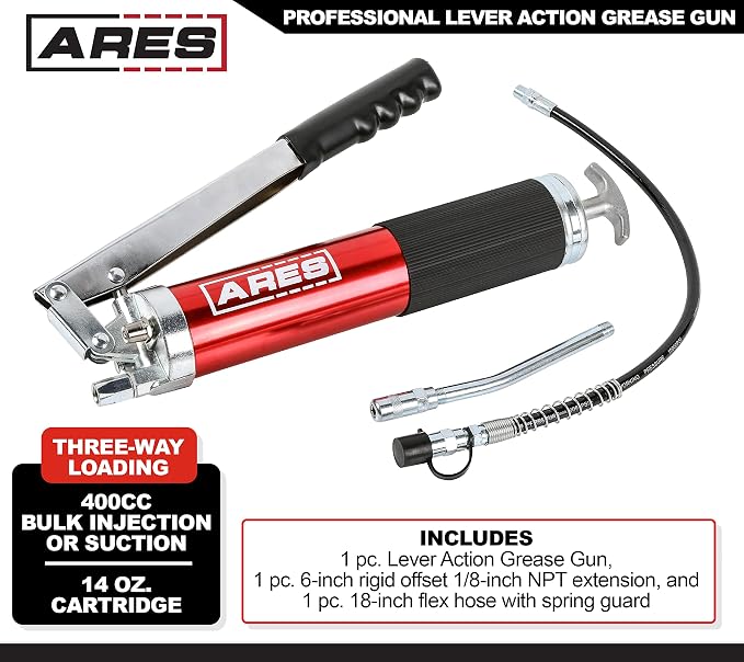 ARES 53013 – Professional Lever Action Grease Gun - 400cc Bulk and 14 Ounce Cartridge Loading - 4500 PSI Working Pressure Rating – 18-Inch Flex Hose and 6-Inch Offset Extension