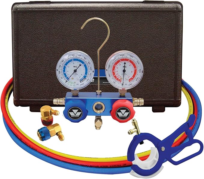 Mastercool 89660-PRO5 Automotive R134a 2-Way Manifold Gauge Set with 3-in-1 Can Tap Valve – U.S. Designed, Assembled, and Tested – Includes 60" Hoses and R134a Couplers