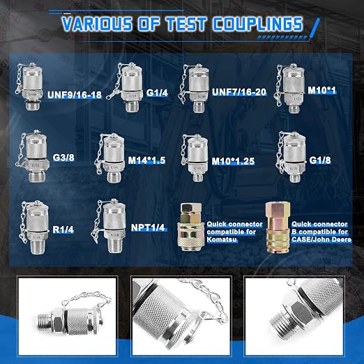 Hydraulic Pressure Test Kit with 3 Gauges(25/40/60Mpa), 12 Test Couplings, 3 Test Hoses(64in) Diagnosis Tester Gauge Kit Set for Excavator Construction Machinery