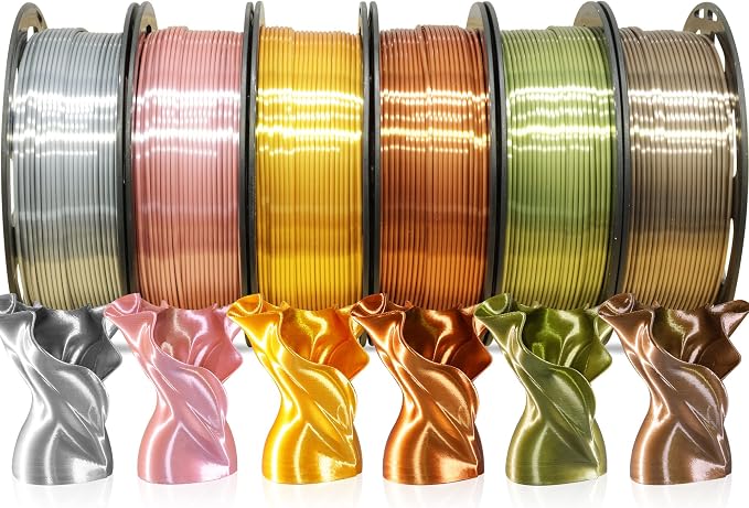 MIKA3D 6 Spools 1.75mm Silk PLA 3D Printer Filament Bundle, 6 Metallic Shiny Colors: Gold/Silver/Copper/Bronze/Coffee Gold/Rosegold, Each Spool 250g X 6 Spools, Total 1.5Kg 3D Printer Material
