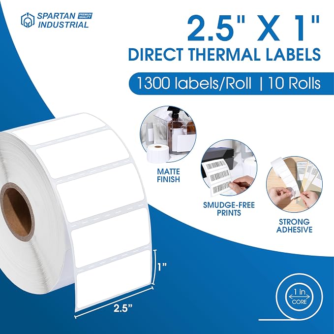 Spartan Industrial - 2.5" X 1" Direct Thermal Labels (13000 Count, 10 Rolls) - SKU and Barcode Labels, Thermal Sticker Roll for Product Identification - Compatible with Zebra and Rollo Printers
