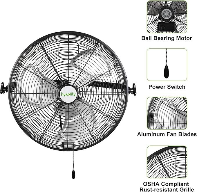 hykolity 20 in. Industrial Wall Mount Fan, 4600 CFM 3-Speeds High Velocity Fan with Sealed Motor, Heavy Duty Metal Barn Fans for Garage, Workshop and Warehouse, 2 Pack, UL Listed