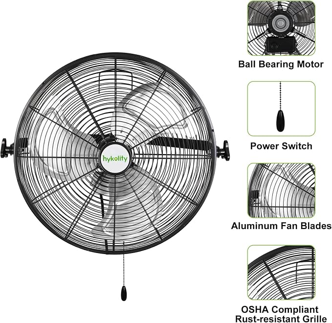 hykolity 4300 CFM 18 inch Industrial Wall Fan, 3-Speeds High Velocity Wall Mount Fan with Sealed Motor, Heavy Duty Metal Barn Fans for Shop, Garage, 2 Pack