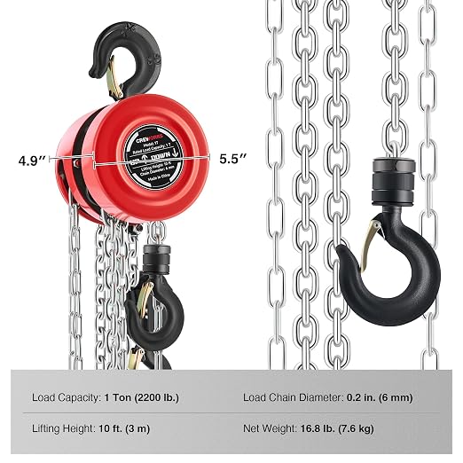 CREWORKS Hand Chain Hoist, 1 Ton 2200 lb Capacity 10 ft Manual Chain Hoist with G80 Load Chain & Galvanized Hand Chain, Heavy Duty Manual Lever Hoist for Construction Warehouse Automotive Factory