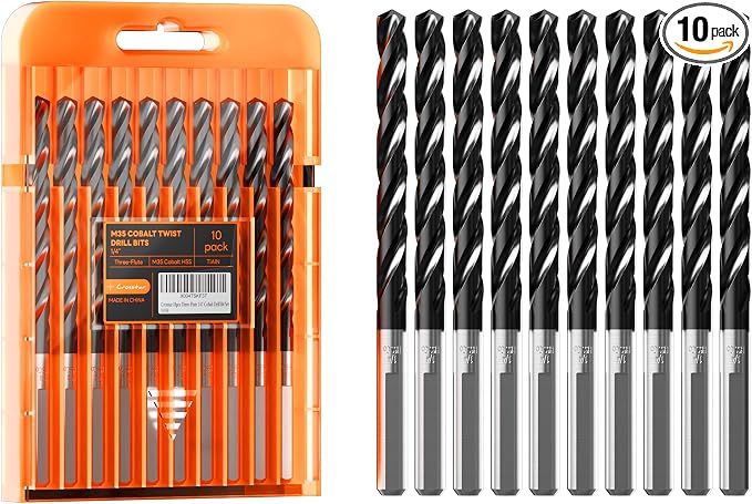 Crosstar M35 Cobalt Drill Bit Set for Hardened Metal & Stainless Steel - Titanium Aluminum Nitride Coated (TiAlN), Three-Flute Design, 10pcs 1/4" Metal Drill Bits
